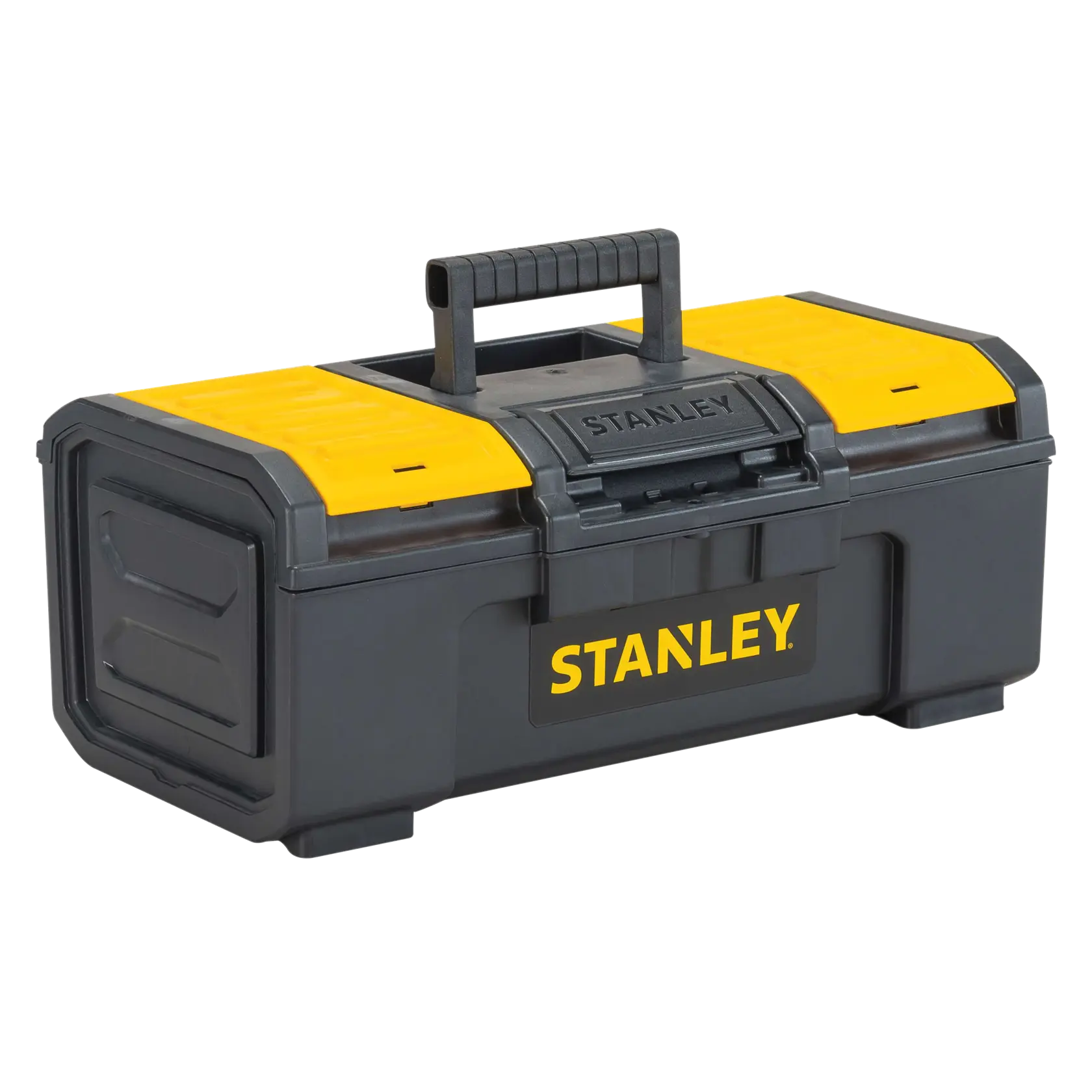 STANLEY black and yellow plastic toolbox, angled view on white background, top handle and latch visible
