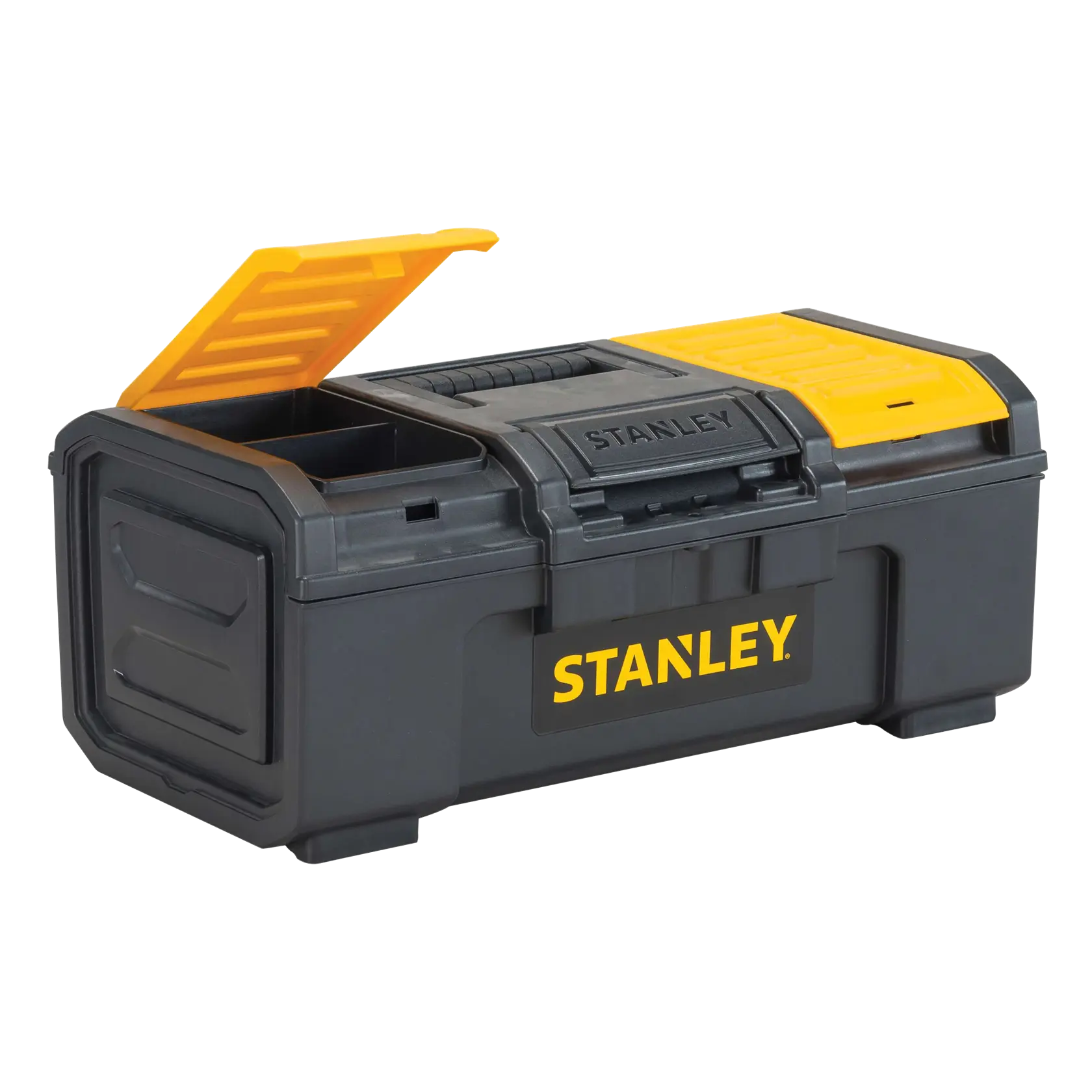 Stanley black and yellow toolbox front angled view with top compartment lid open on white background