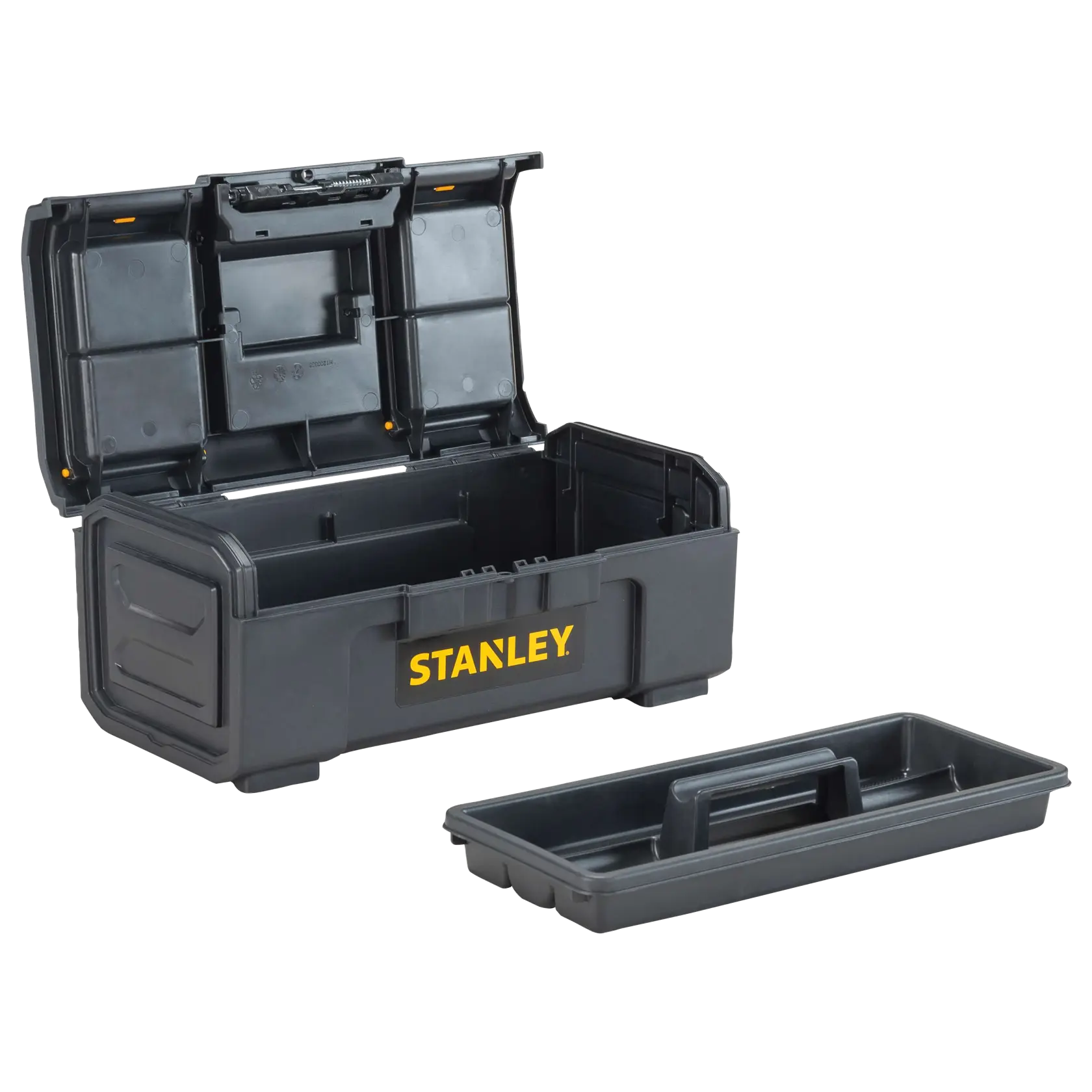 Front angle of STANLEY black plastic toolbox with open lid and removable tray on white background.