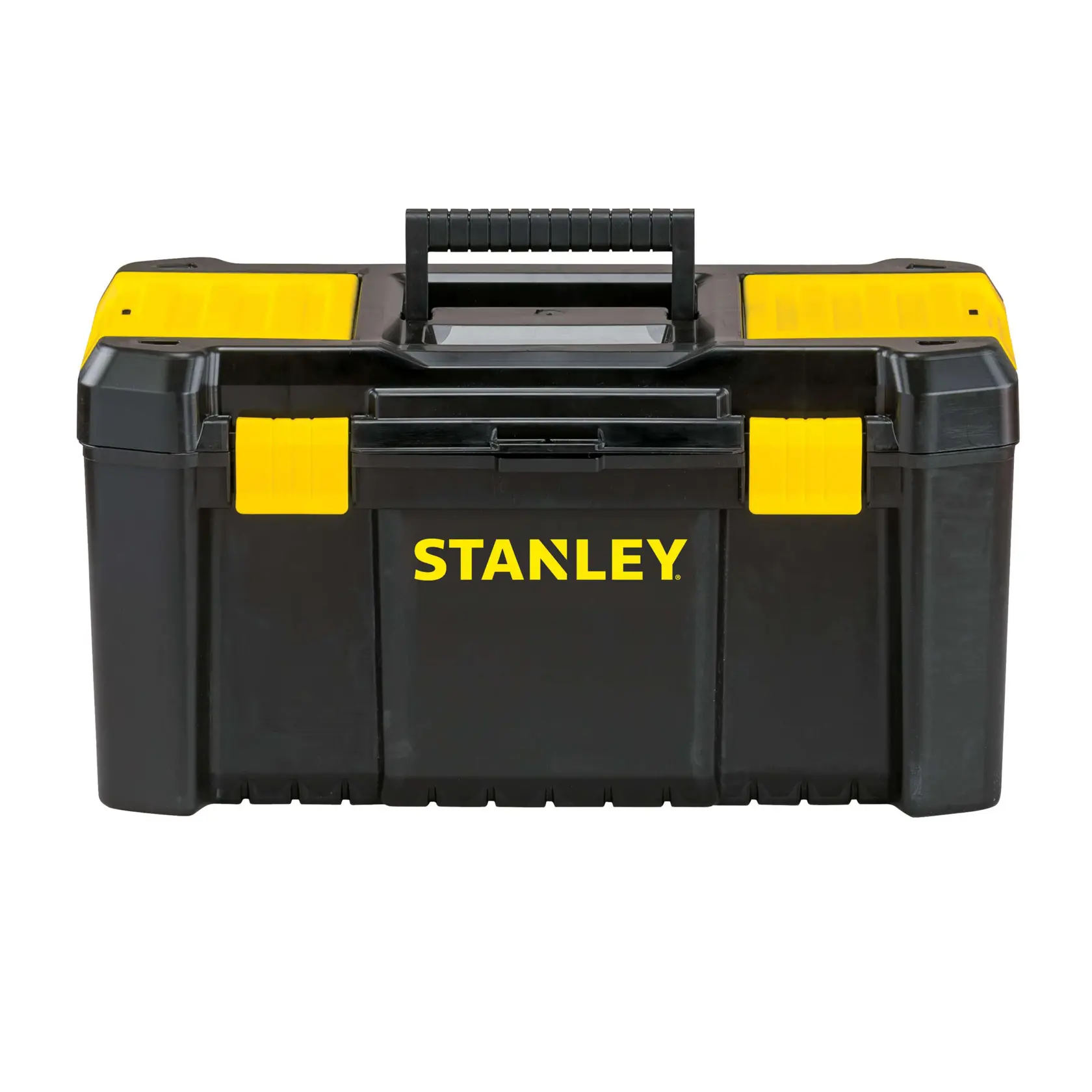 Front view Stanley toolbox, black body with yellow accents and handle, brand logo on the front