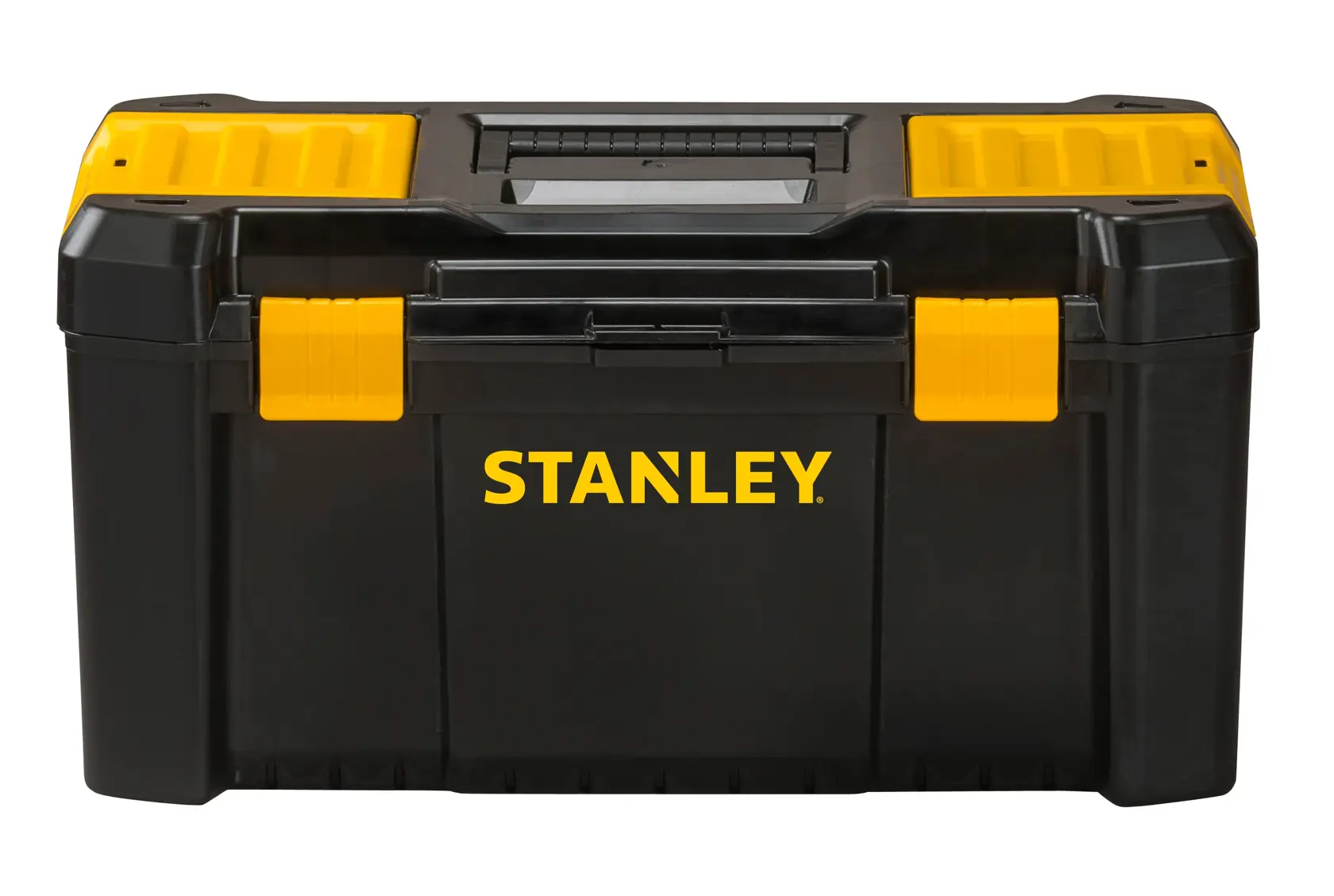 Front view of Stanley black and yellow plastic toolbox with central handle and secure latches on white background.