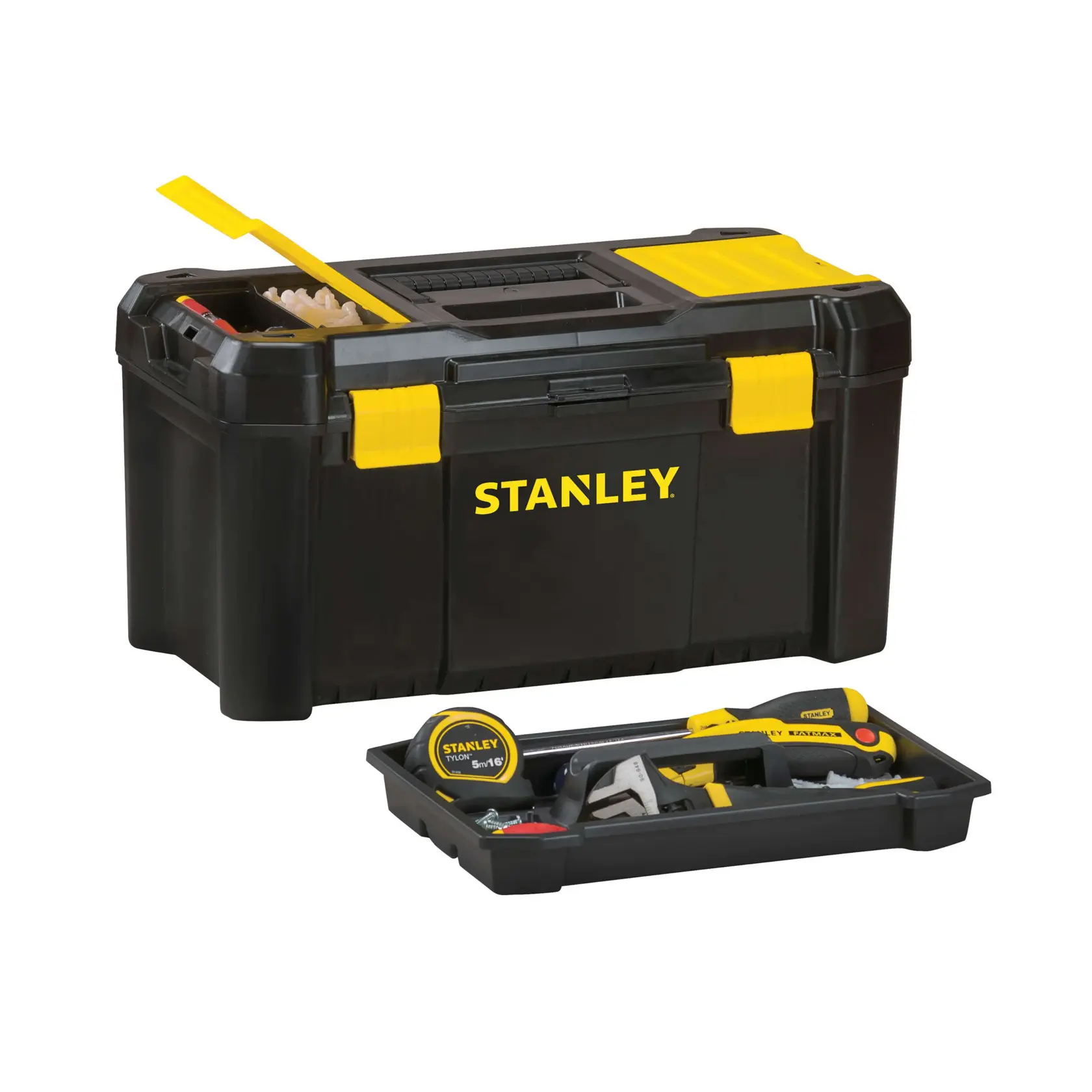 Stanley black and yellow toolbox with open lid, front angle on white background, tray with tools visible