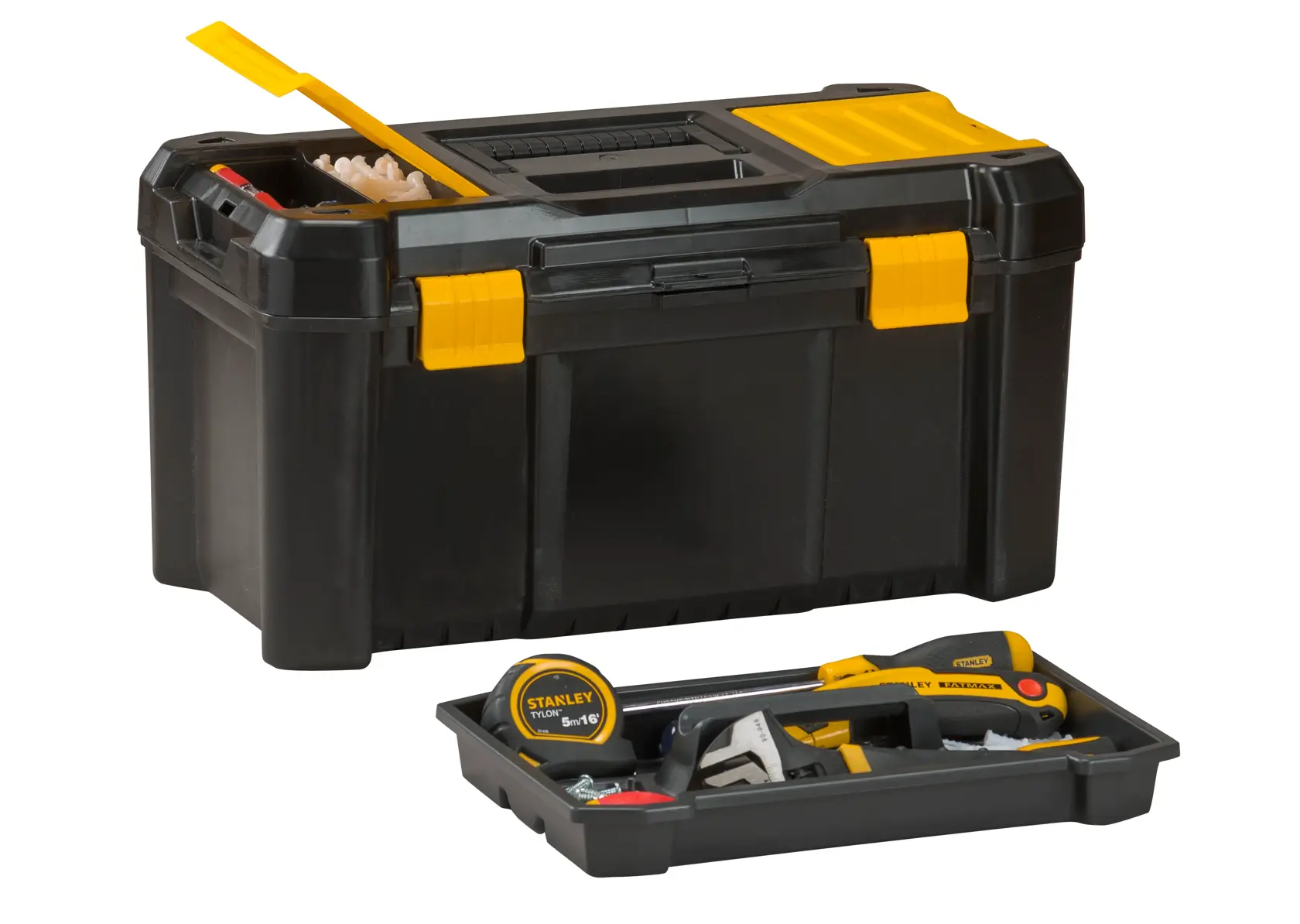 STANLEY STST19331 toolbox with removable tray, black and yellow plastic, shown at front angle with tools inside.