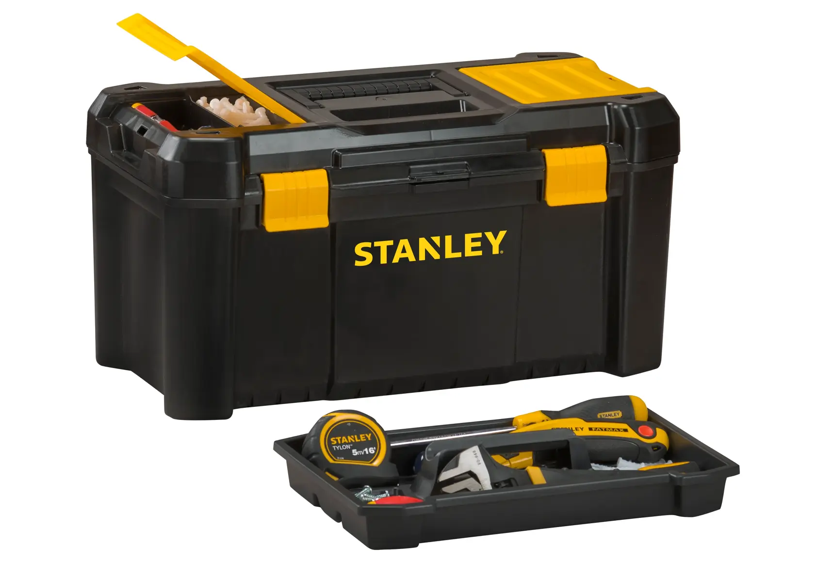 STANLEY STST19331 black and yellow toolbox with open lid and tray of assorted tools, front angle photo.