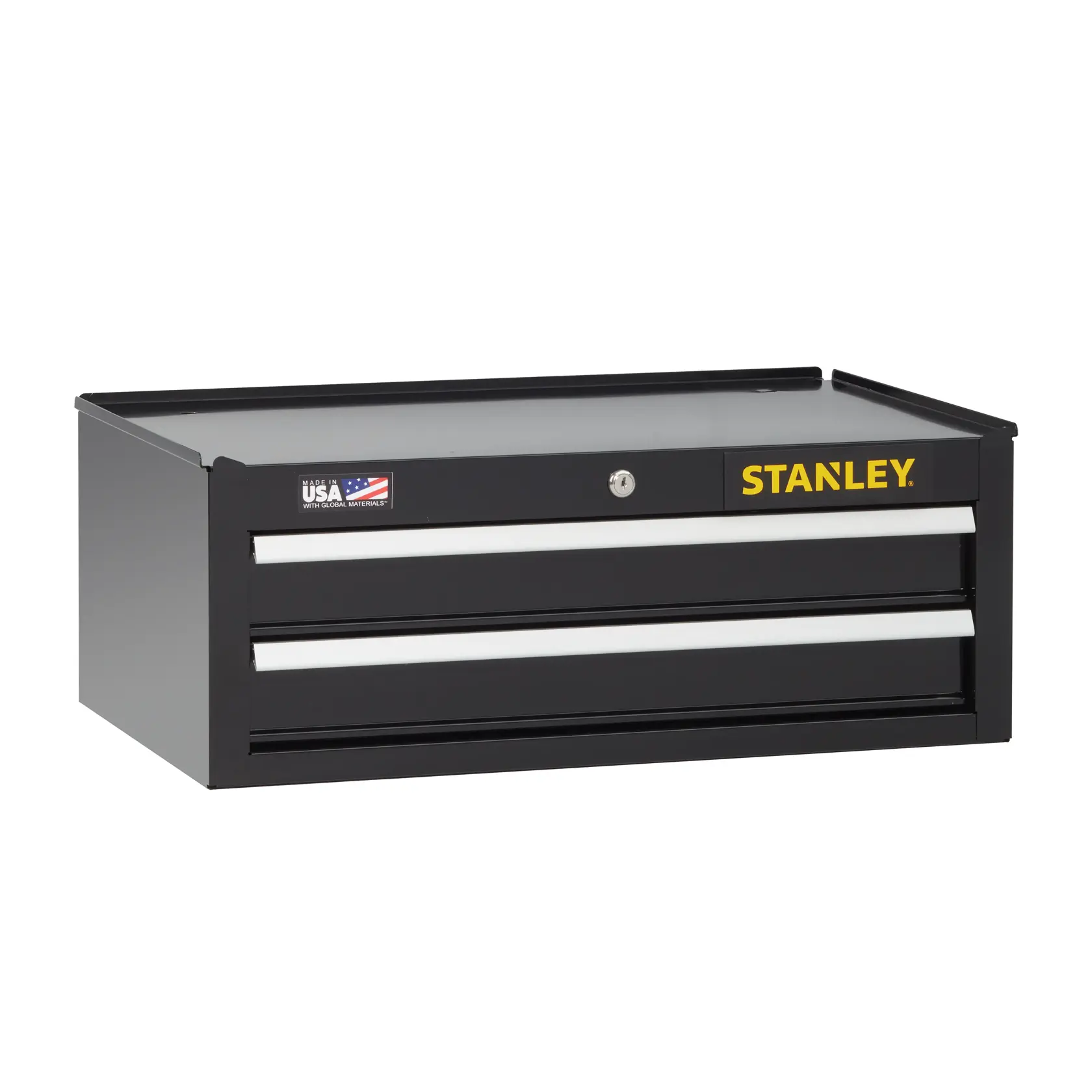 Stanley black metal tool chest with two drawers, side angle on white background, yellow logo on front.