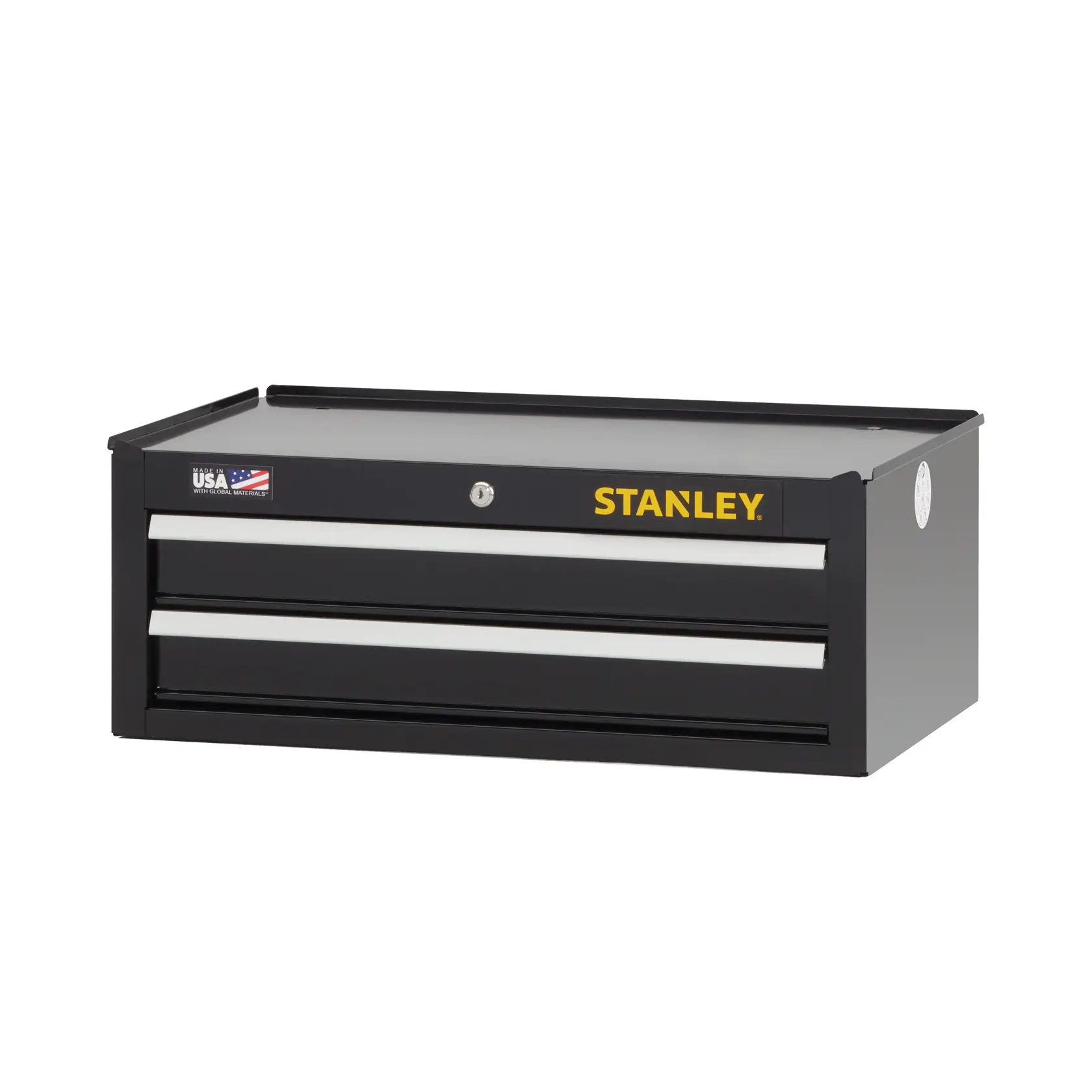 Stanley black two-drawer steel tool chest, front angle on white background, with USA flag logo