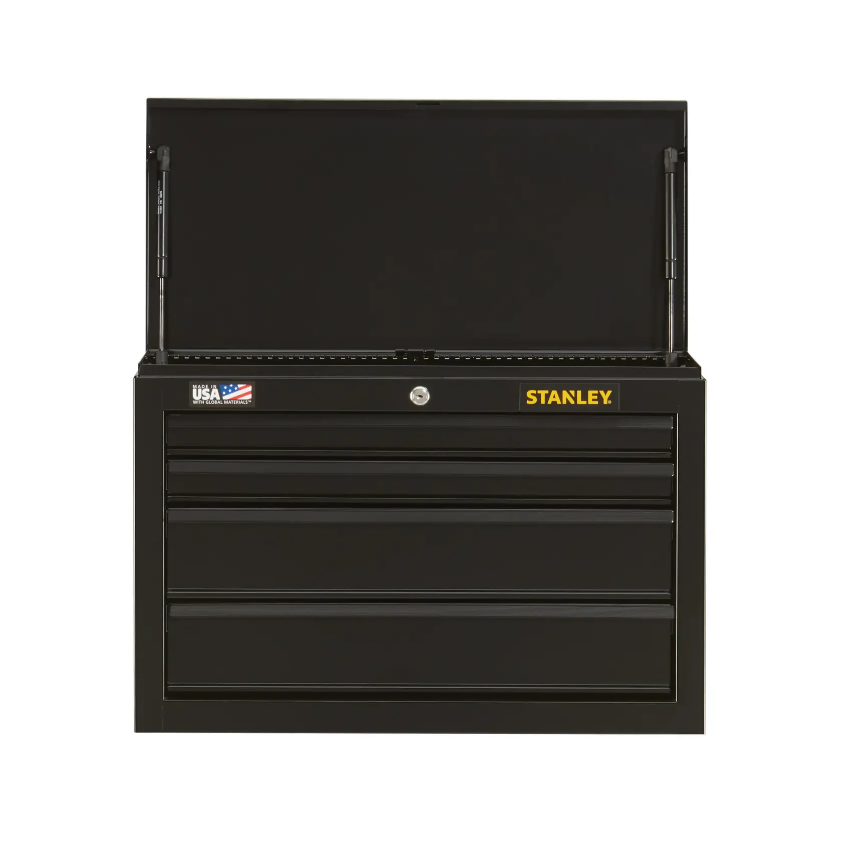 Stanley black metal tool chest with open top lid, three drawers, and USA flag badge, front angle on white background.