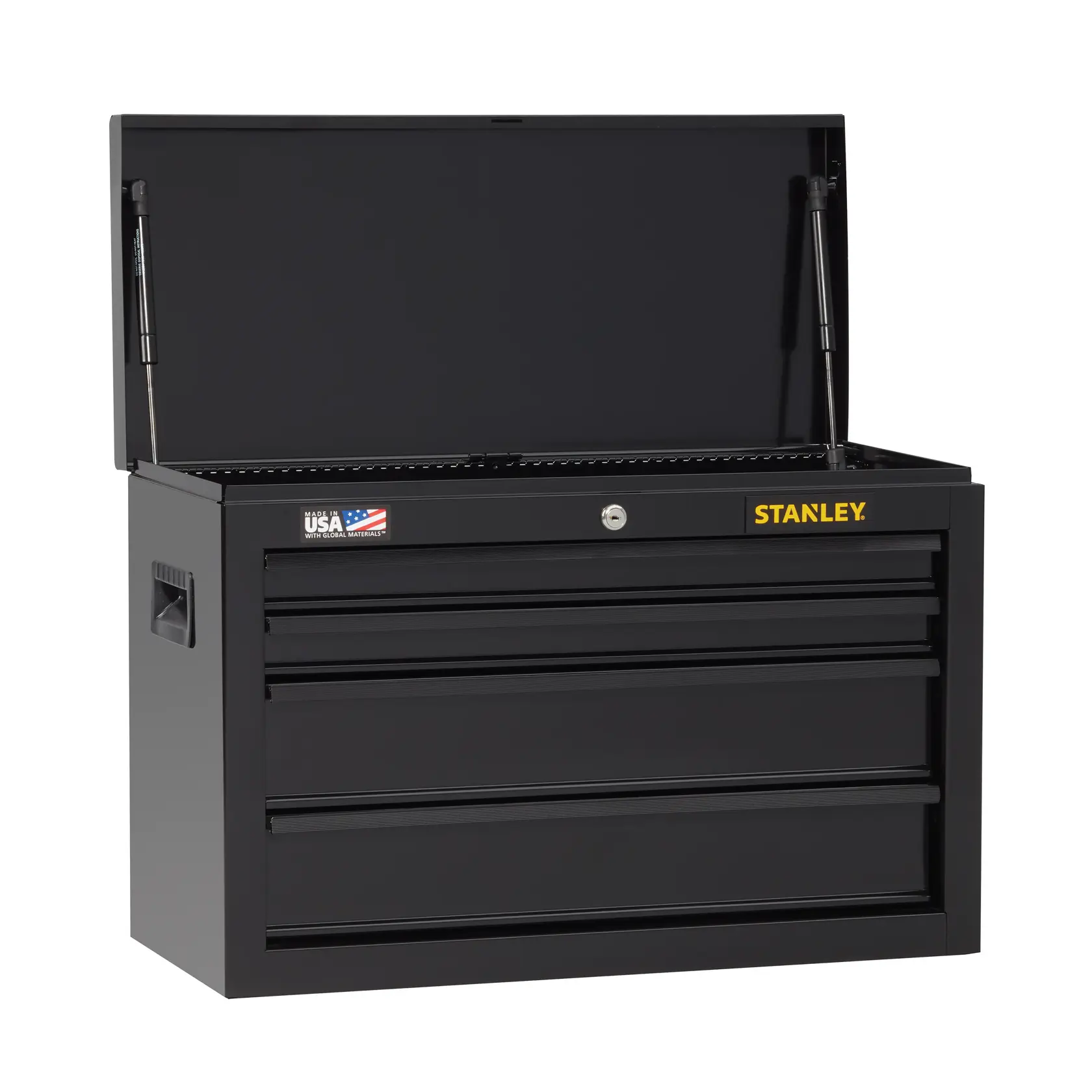 Stanley black metal tool chest front angle, open lid, three drawers, side handles, white background