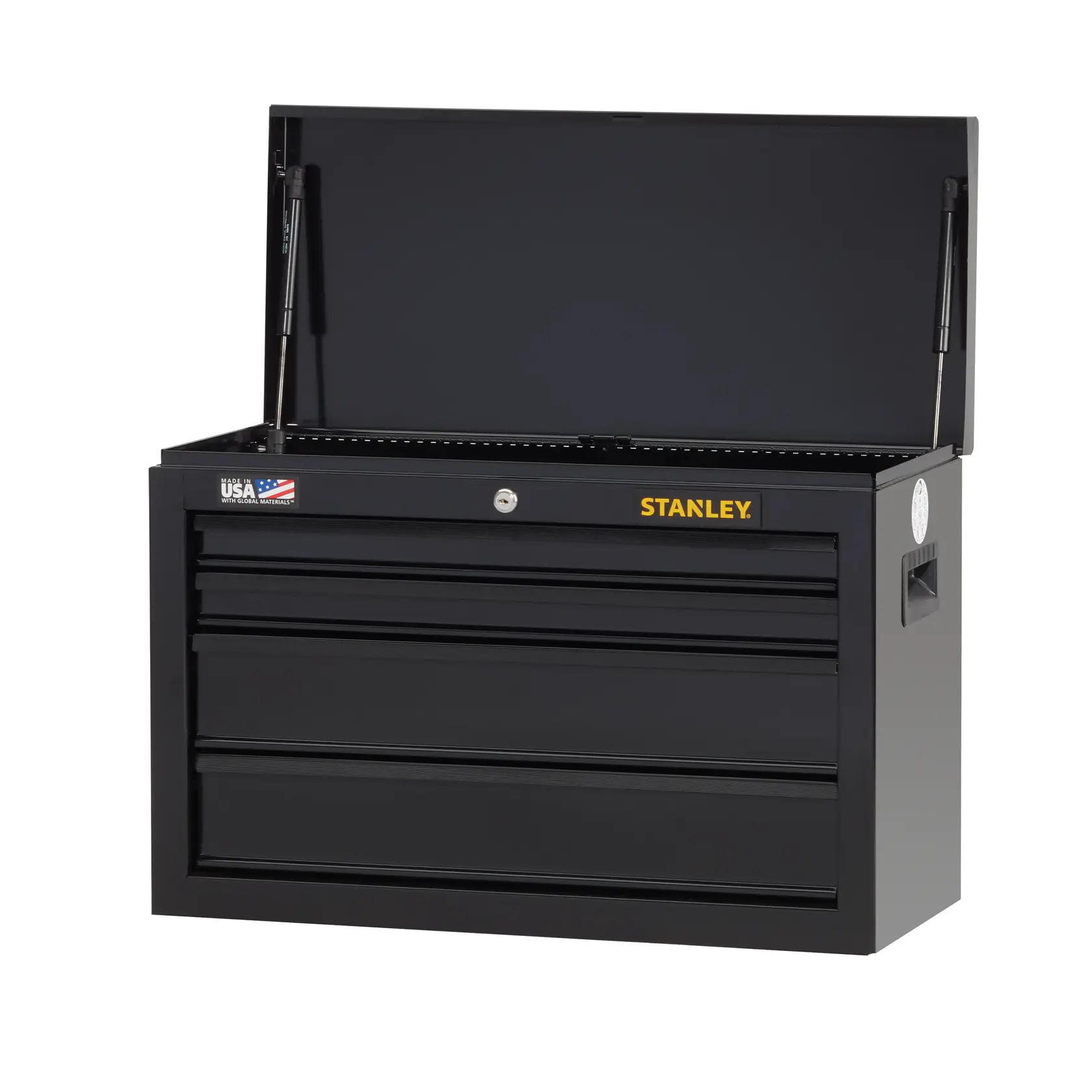 Stanley black metal tool chest with three drawers and open top, front angle, white background