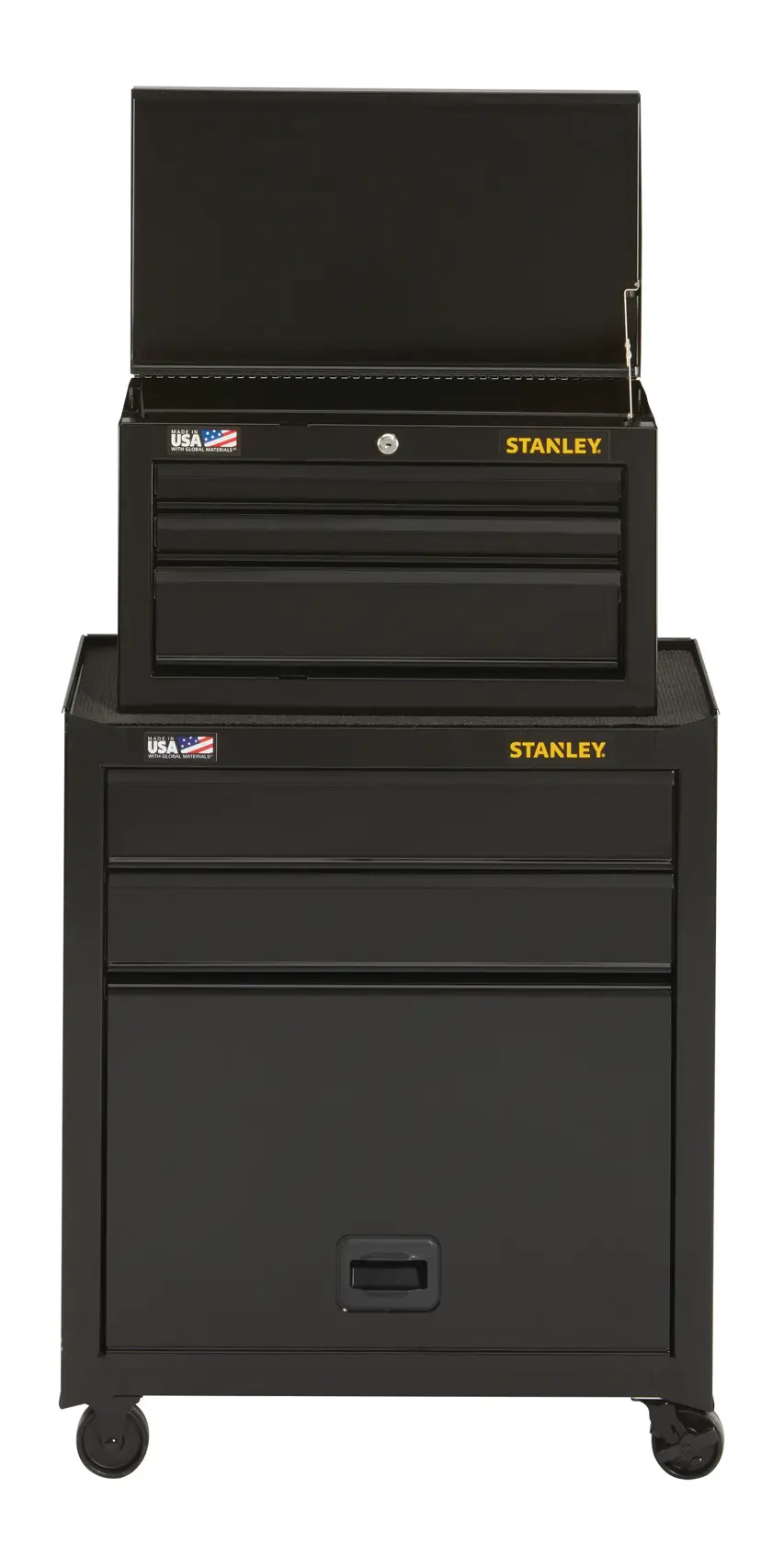 Front angle of STANLEY black metal rolling tool chest with open top compartment and multiple drawers