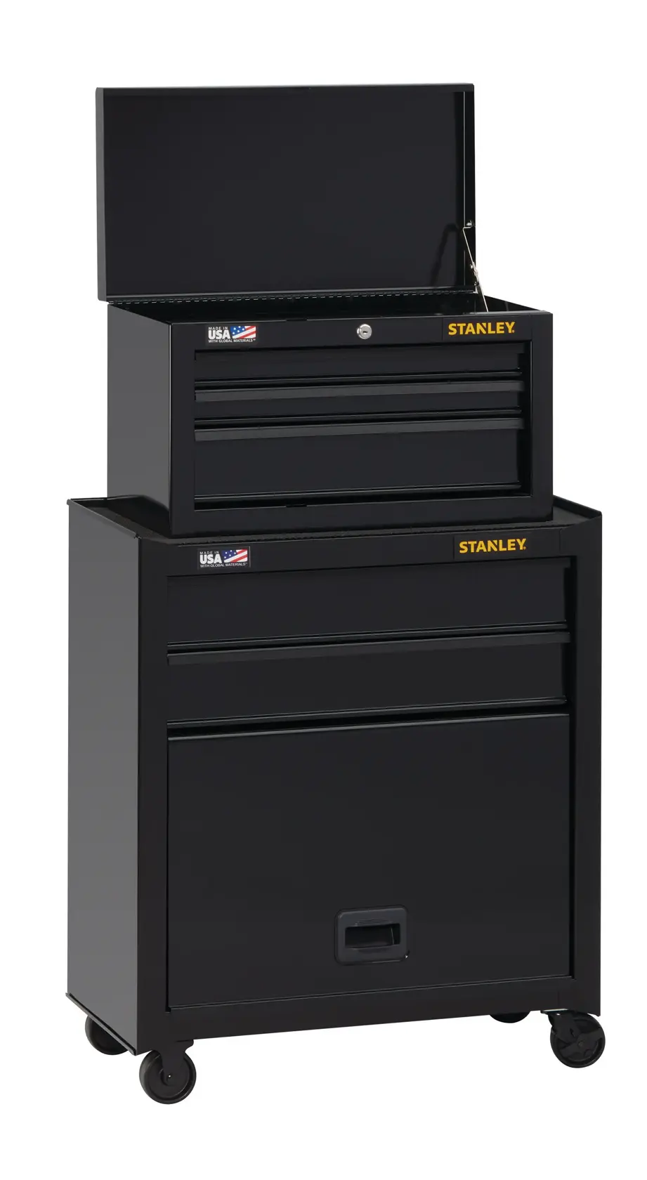 Stanley black steel rolling tool chest with three upper drawers, two lower drawers, and open top, front angle.