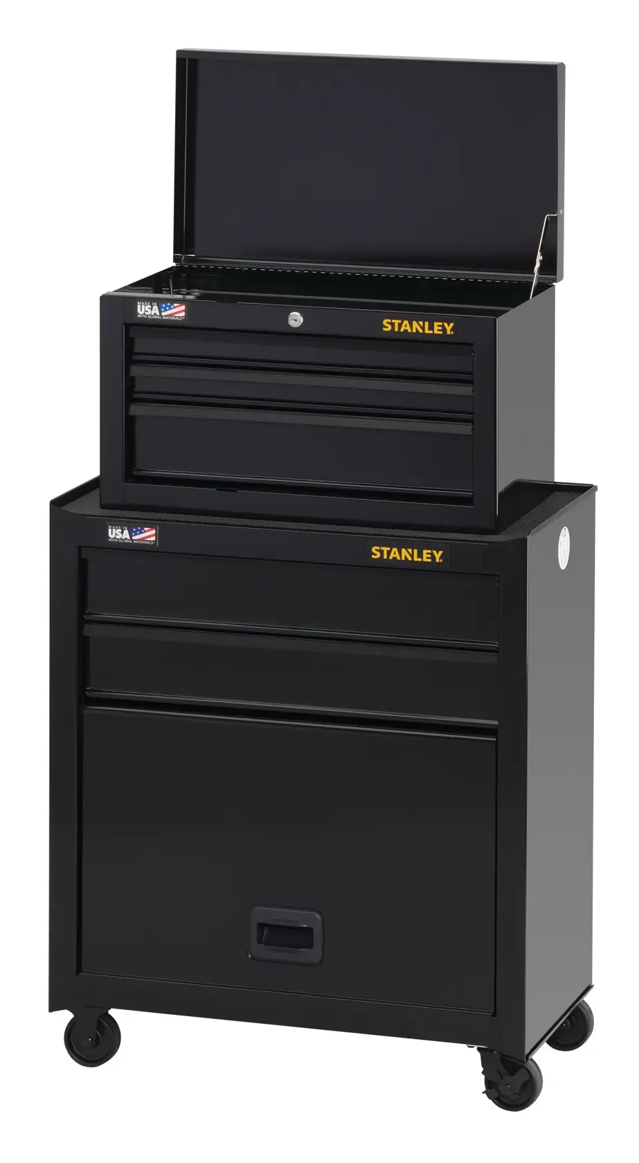 Stanley black metal tool chest and cabinet on wheels, upper chest open, shot at front angle on white background