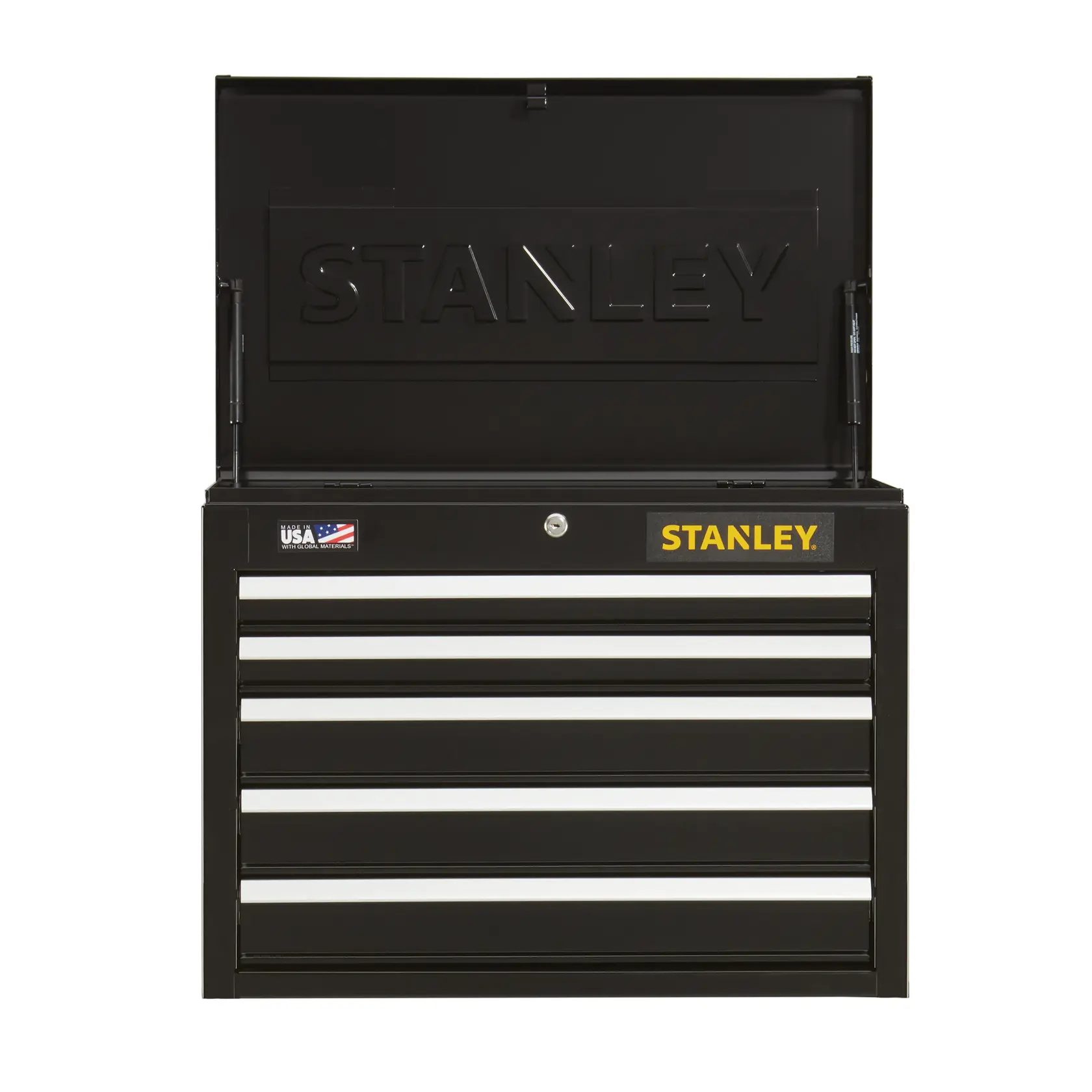 Front angle of black STANLEY tool chest with open lid and five drawers on white background