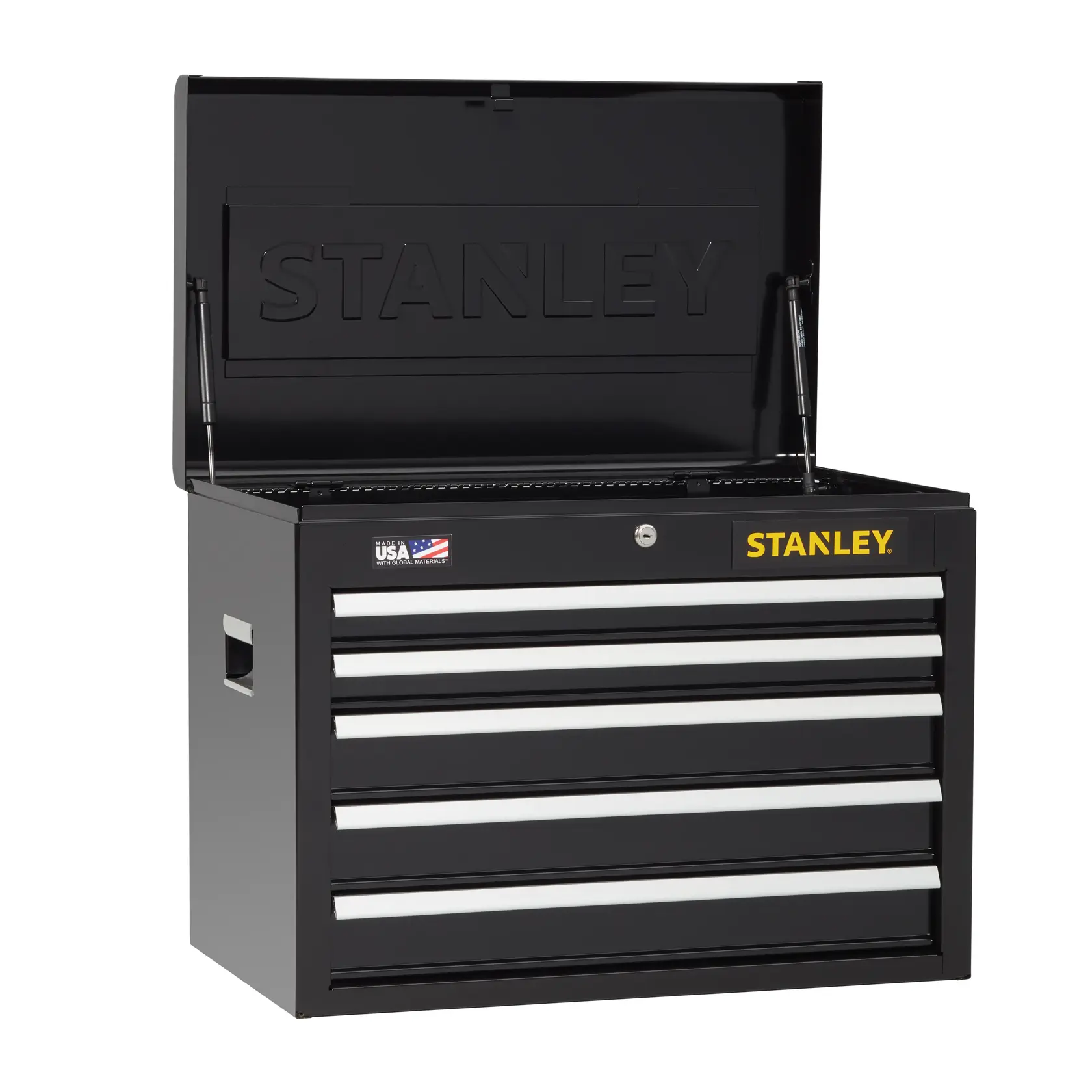 Stanley black metal tool chest with five drawers, open top lid, side handles, front angle on white background