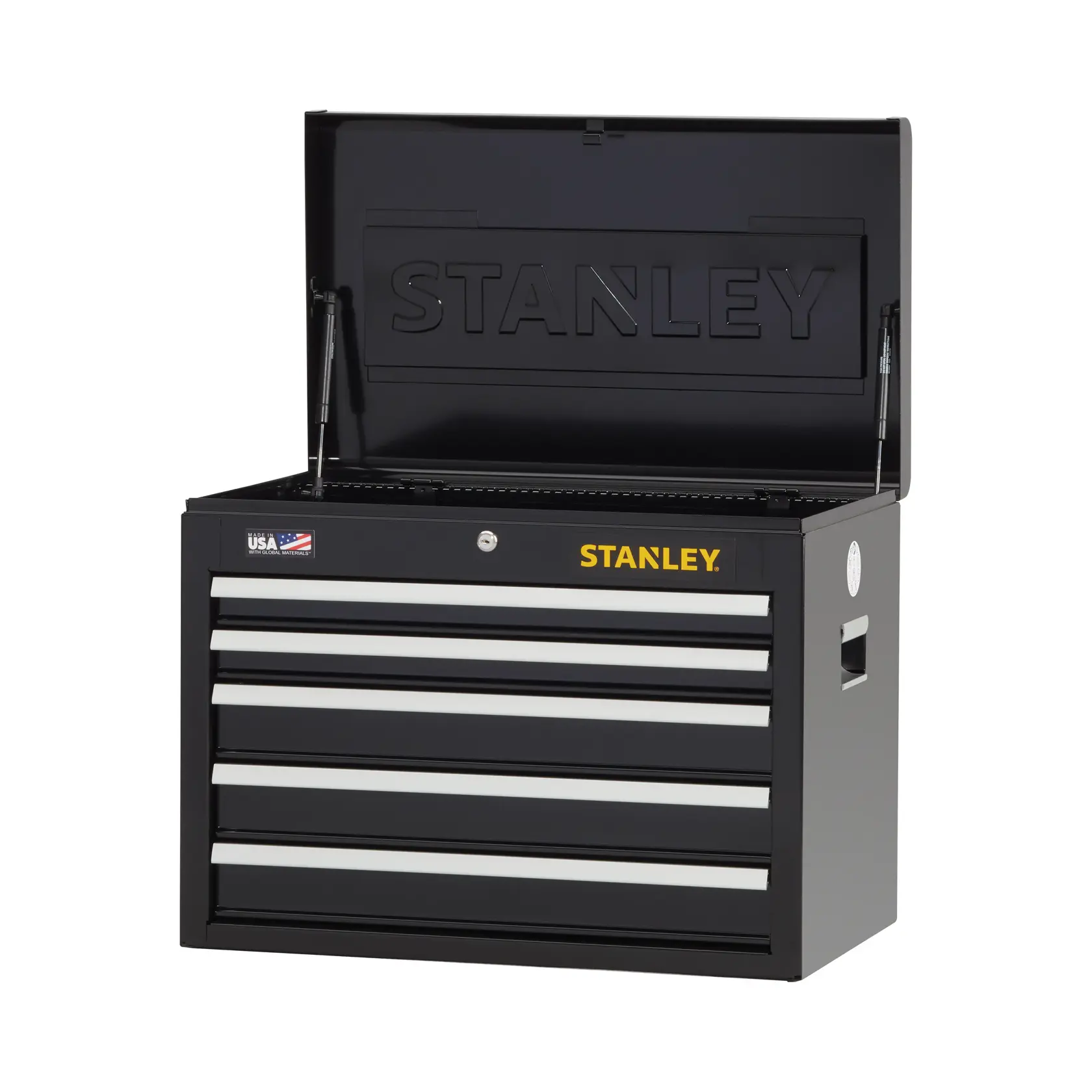 Stanley black metal tool chest with five silver drawers, open lid, photographed from the front on white background