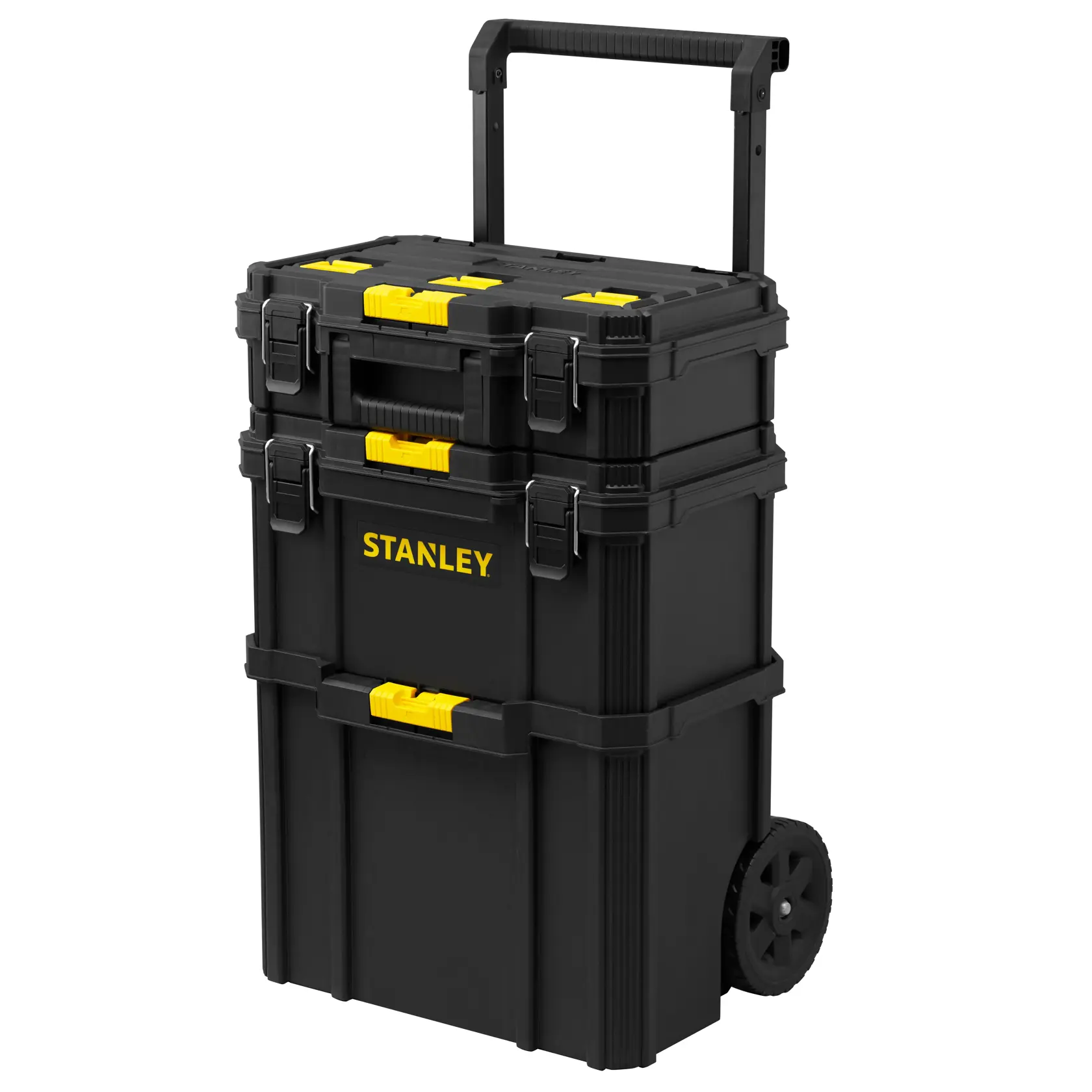 STANLEY STST60500 black wheeled tool chest with yellow latches, front angle, photography on white background.