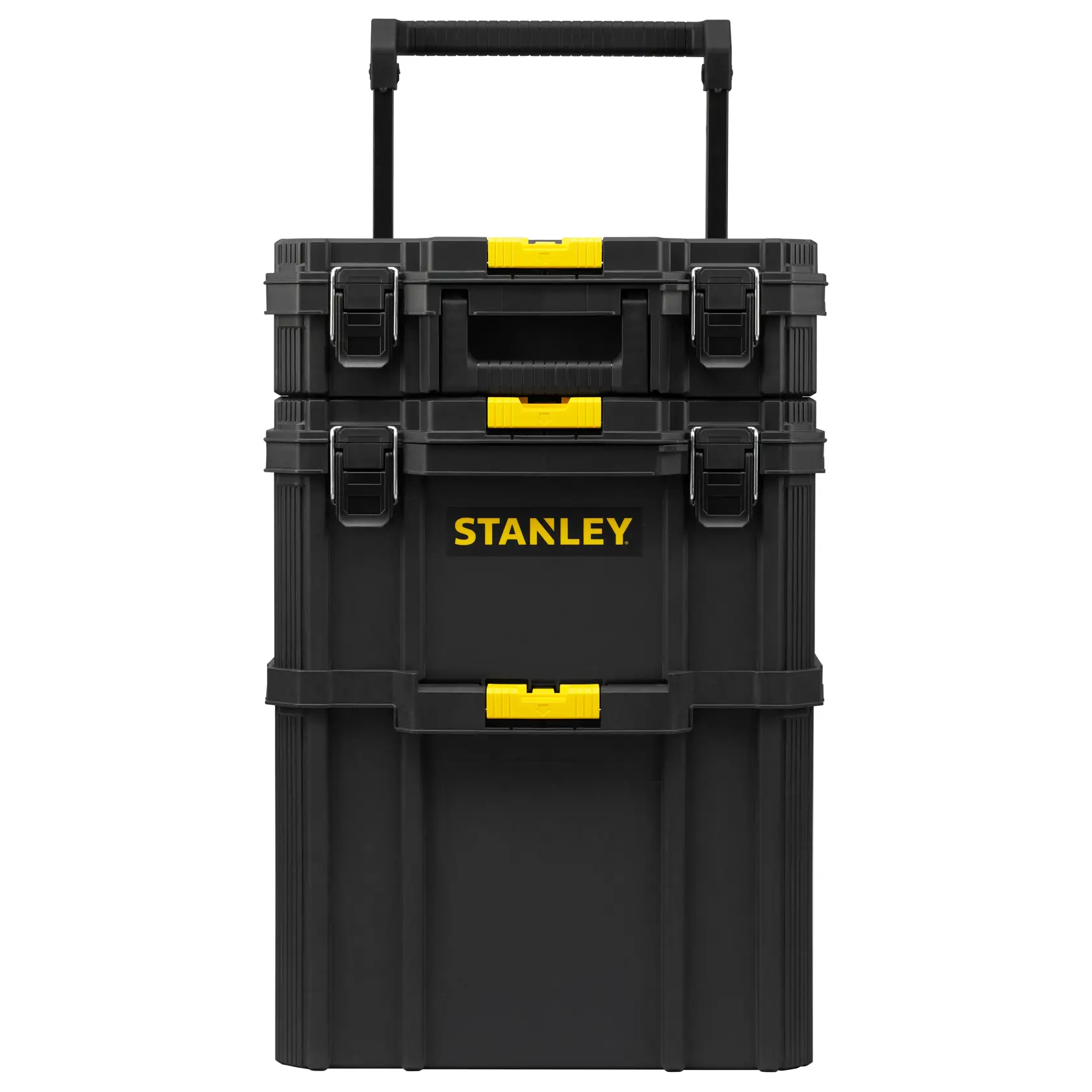 STANLEY STST60500 black rolling tool chest with yellow latches, front angle, photography on white background.