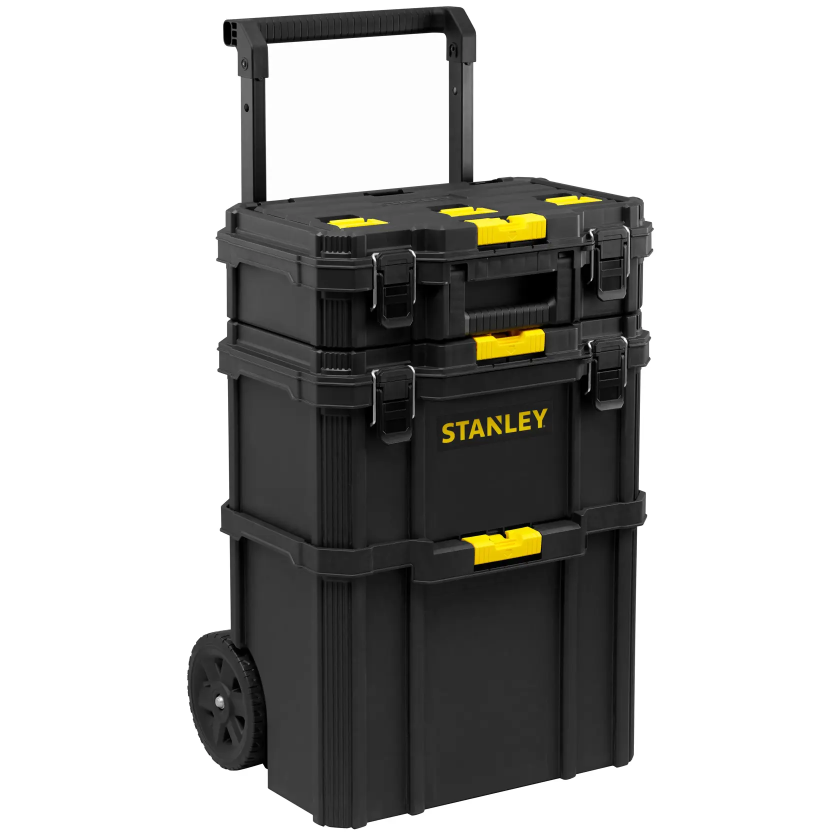 Stanley STST60500 rolling black tool box stack, yellow latches, front angle, white background.