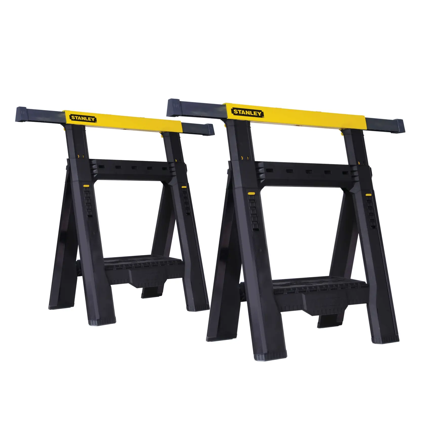 Front view of two STANLEY black and yellow plastic folding sawhorses on a white background