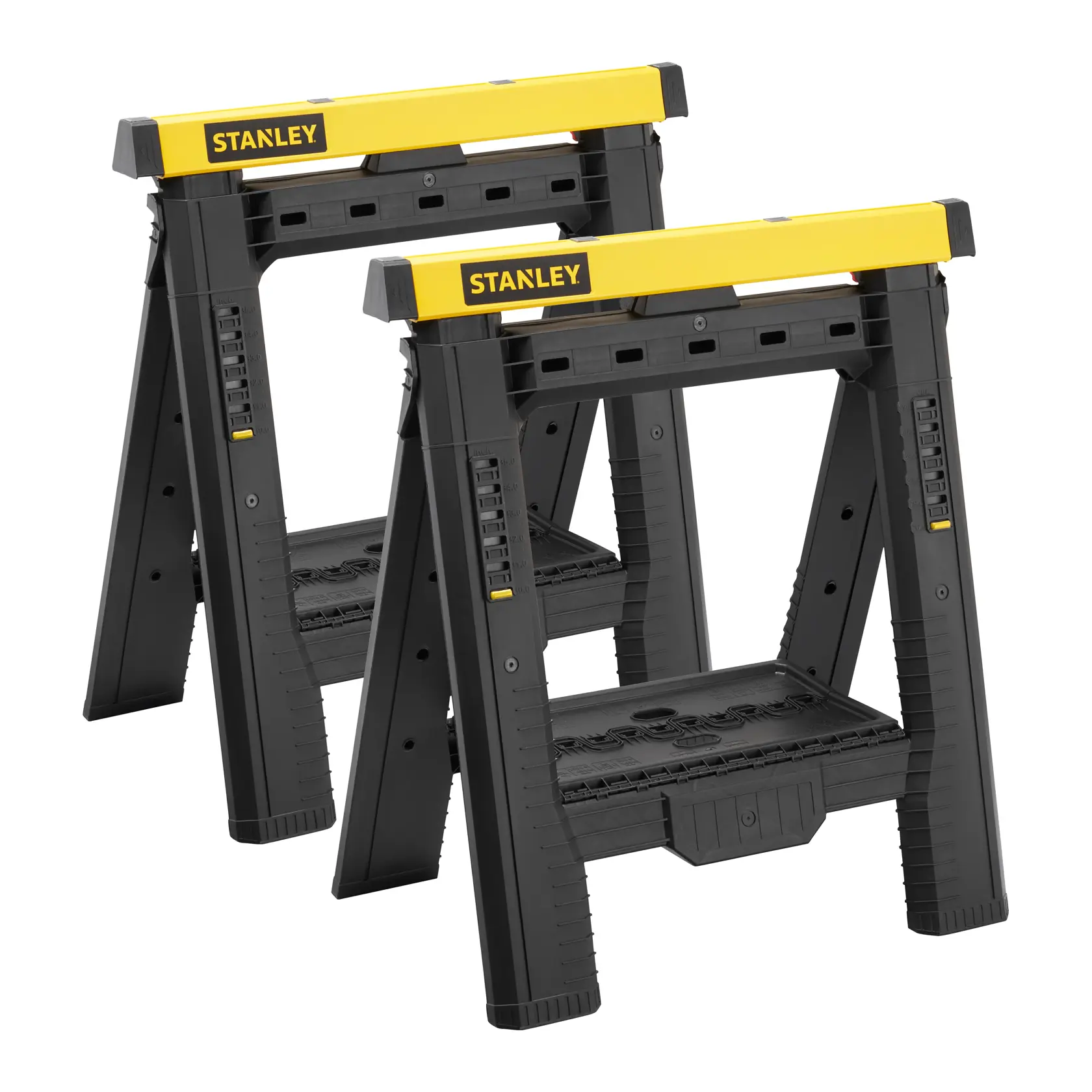 Stanley STST60626 saw horse set, black and yellow, angled front view, photography on white background.