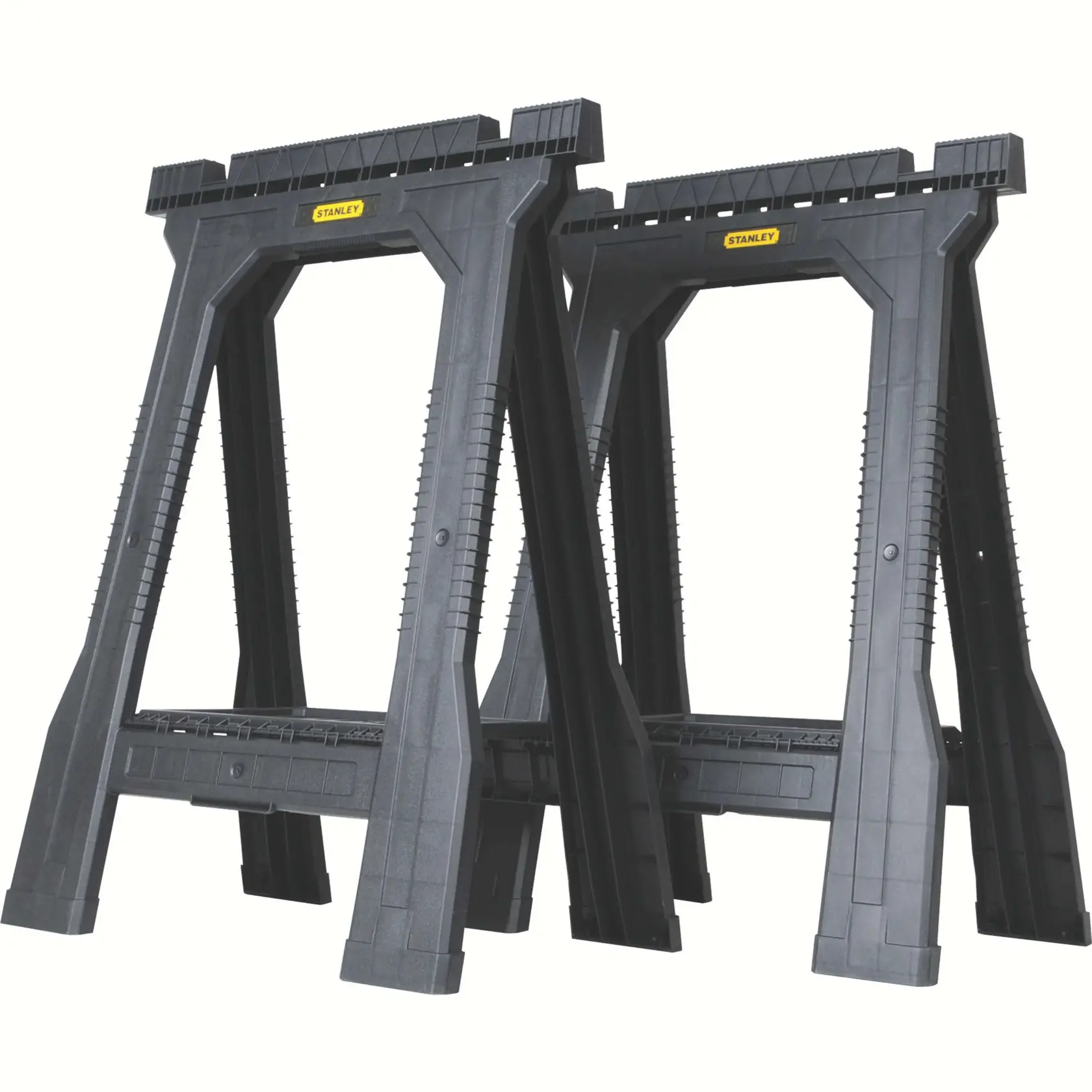 Front angle of two black STANLEY sawhorses with ribbed plastic legs on a white background