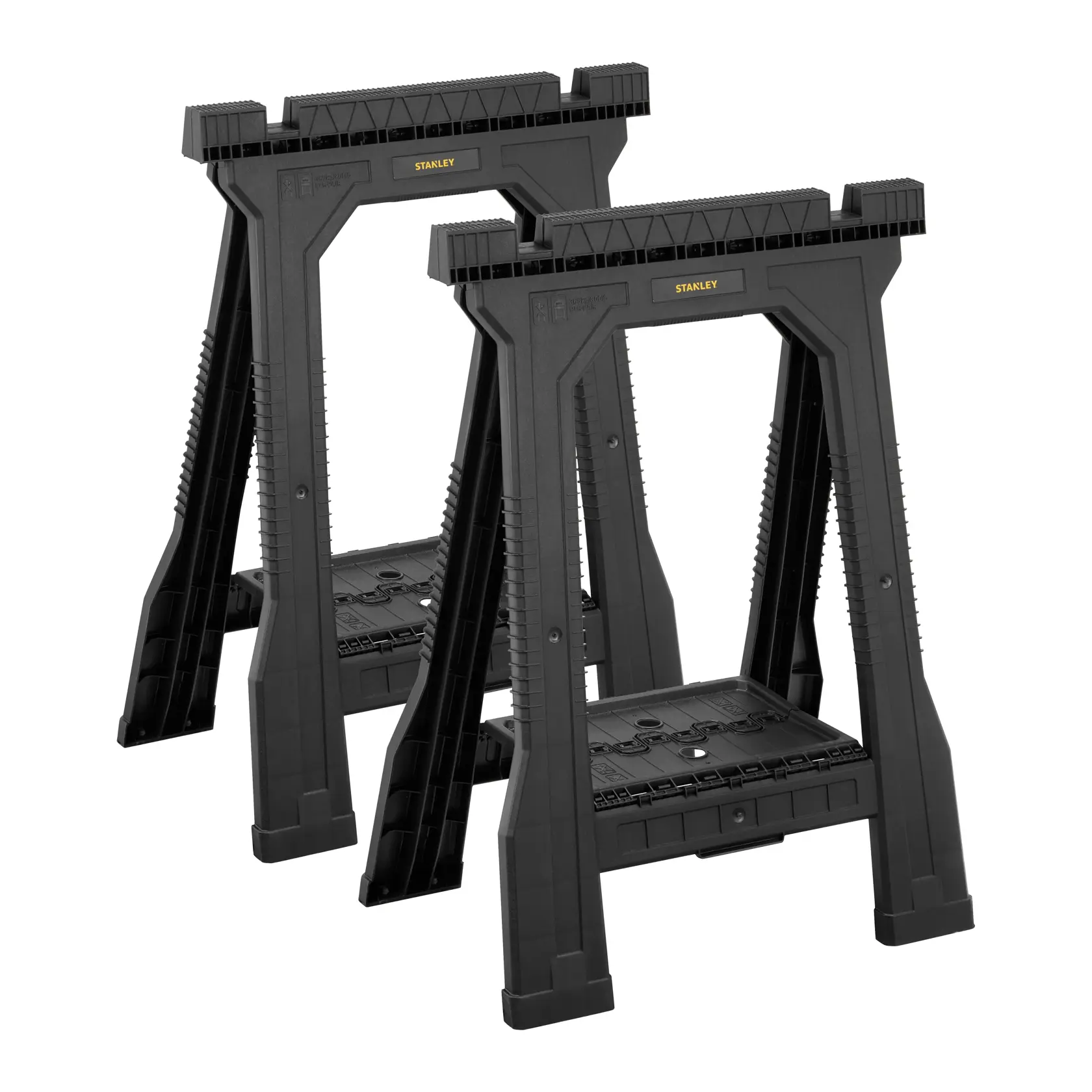 STANLEY STST60952 black plastic sawhorse set, front angle, photography on white background.