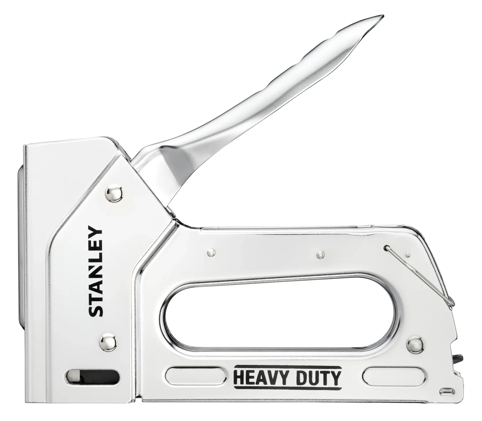 Stanley TR110 heavy duty staple gun, silver, product side view on white background.