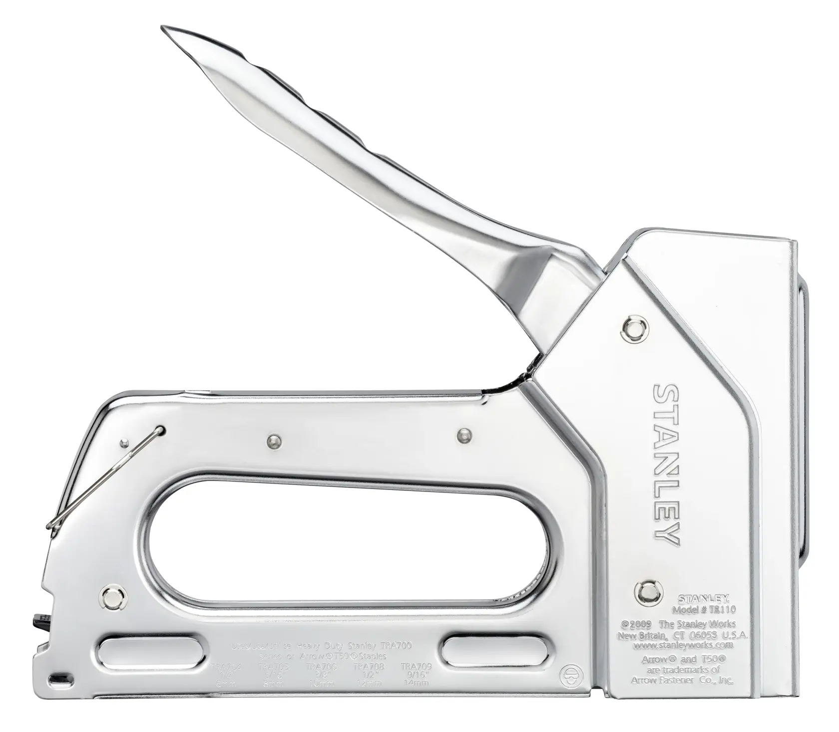 STANLEY TR110 heavy duty steel staple gun, side view on white background.