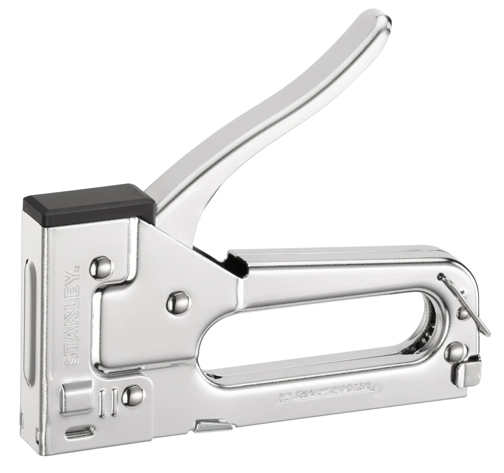 STANLEY TR45 stapler, chrome finish, front angle, photography on white background.