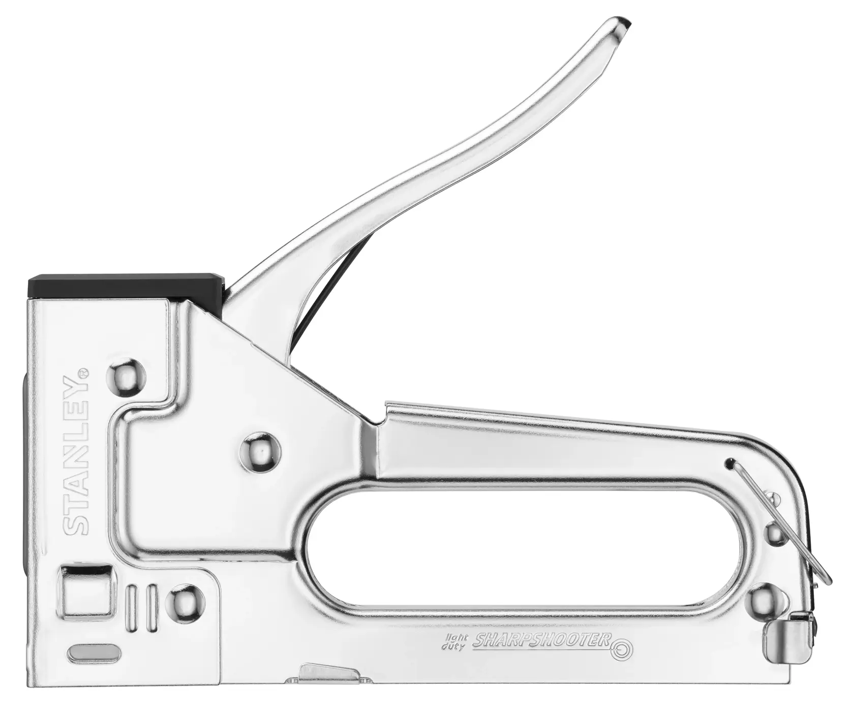 STANLEY TR45 silver heavy-duty stapler, side angle, with ergonomic handle.