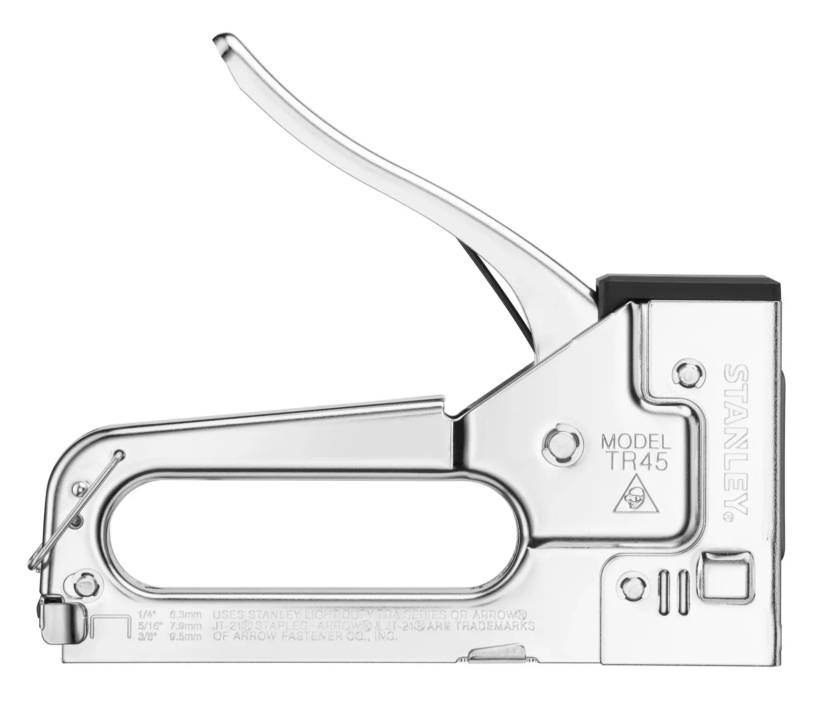 Photo of STANLEY TR45 light-duty staple gun, silver metal, left side view on white background.