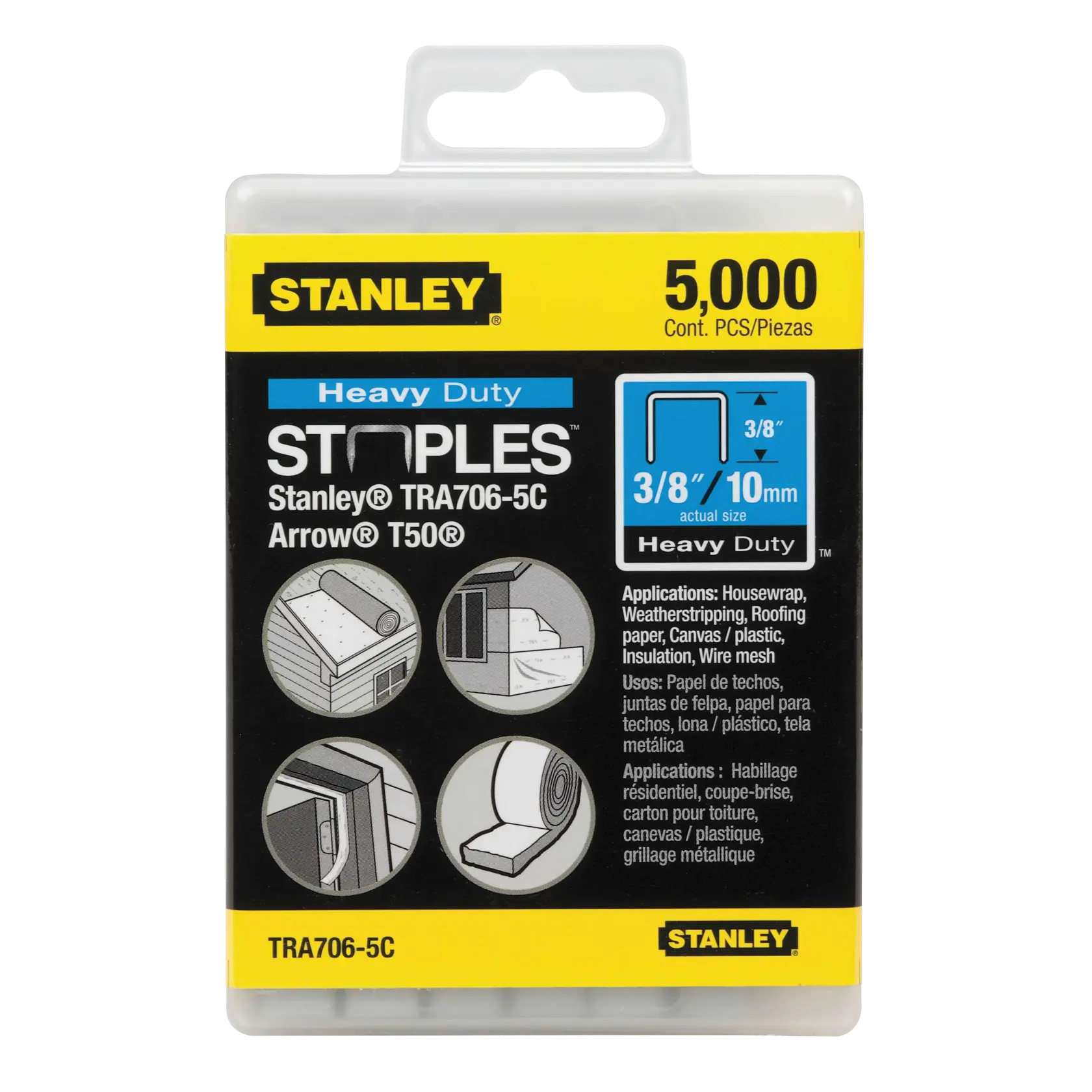 Photo of STANLEY TRA706-5C heavy duty staples pack, 5,000 count, 3/8 inch size, front angle, product label visible.